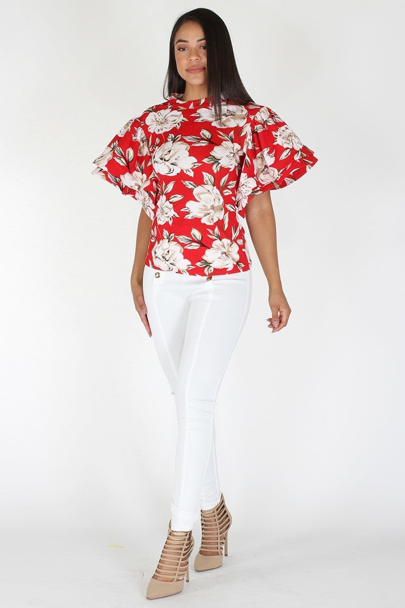 Floral printed short sleeve with exaggerated sleeves